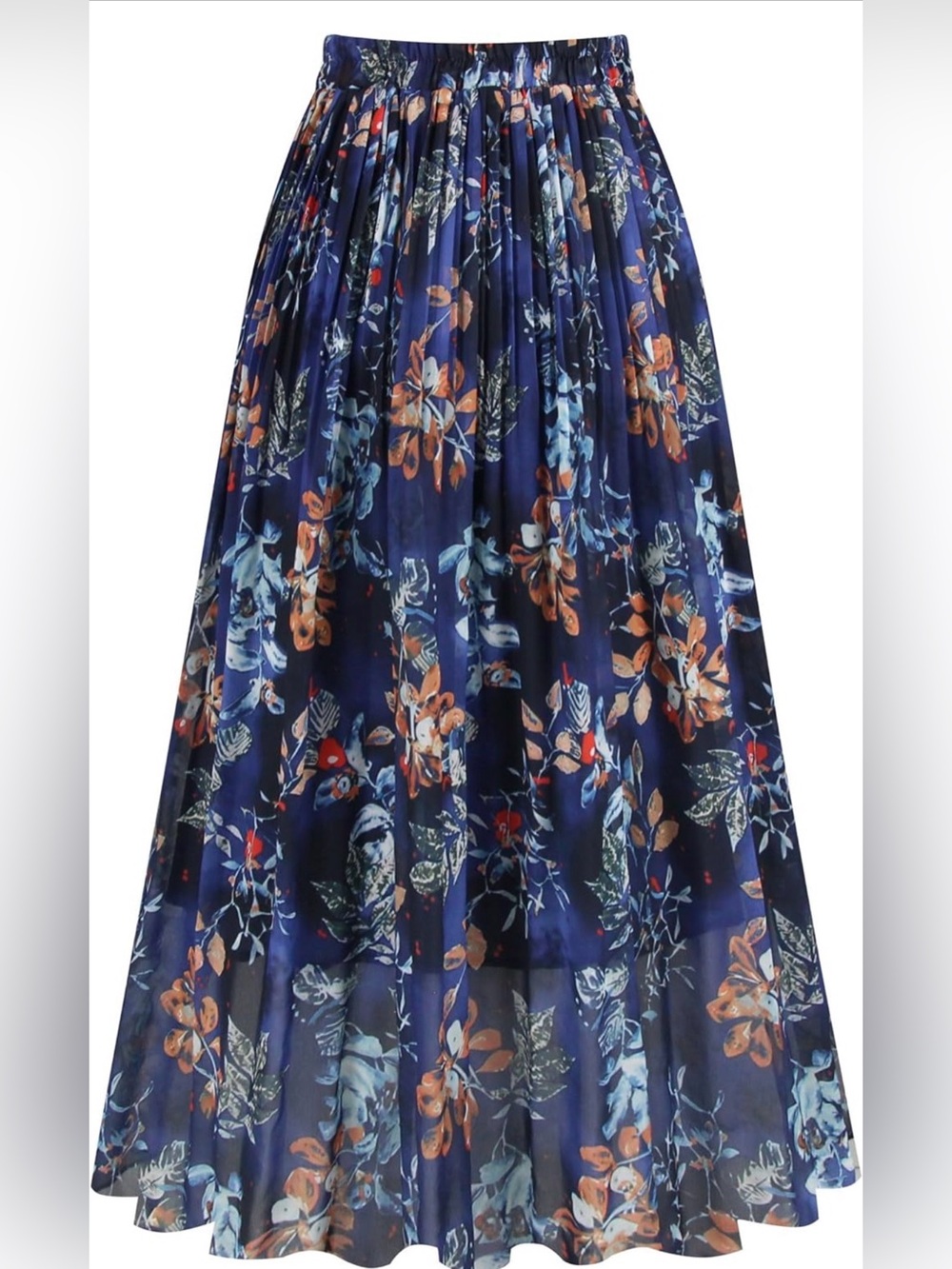 Navy Blue Floral Chiffon Midi Skirt | Lined | Elastic Waist | Worn Twice